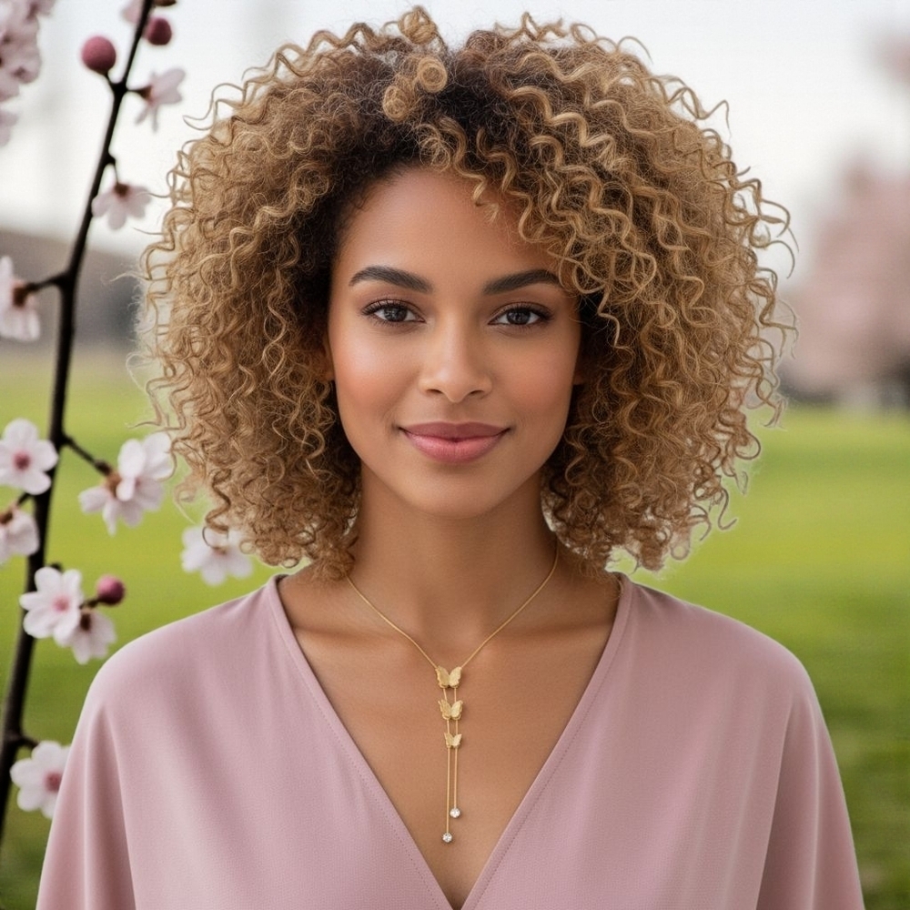 18k Gold Plated Lariat Necklace Earrings Set Stainless Steel Butterfly Y-Drop - Picture 3 of 11